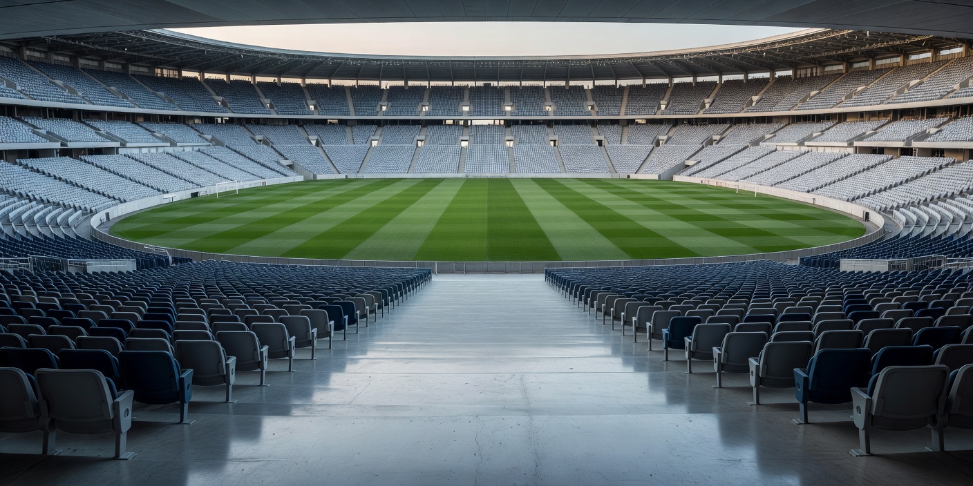 Empty stadium concourse opening onto rows of seating and the playing area
