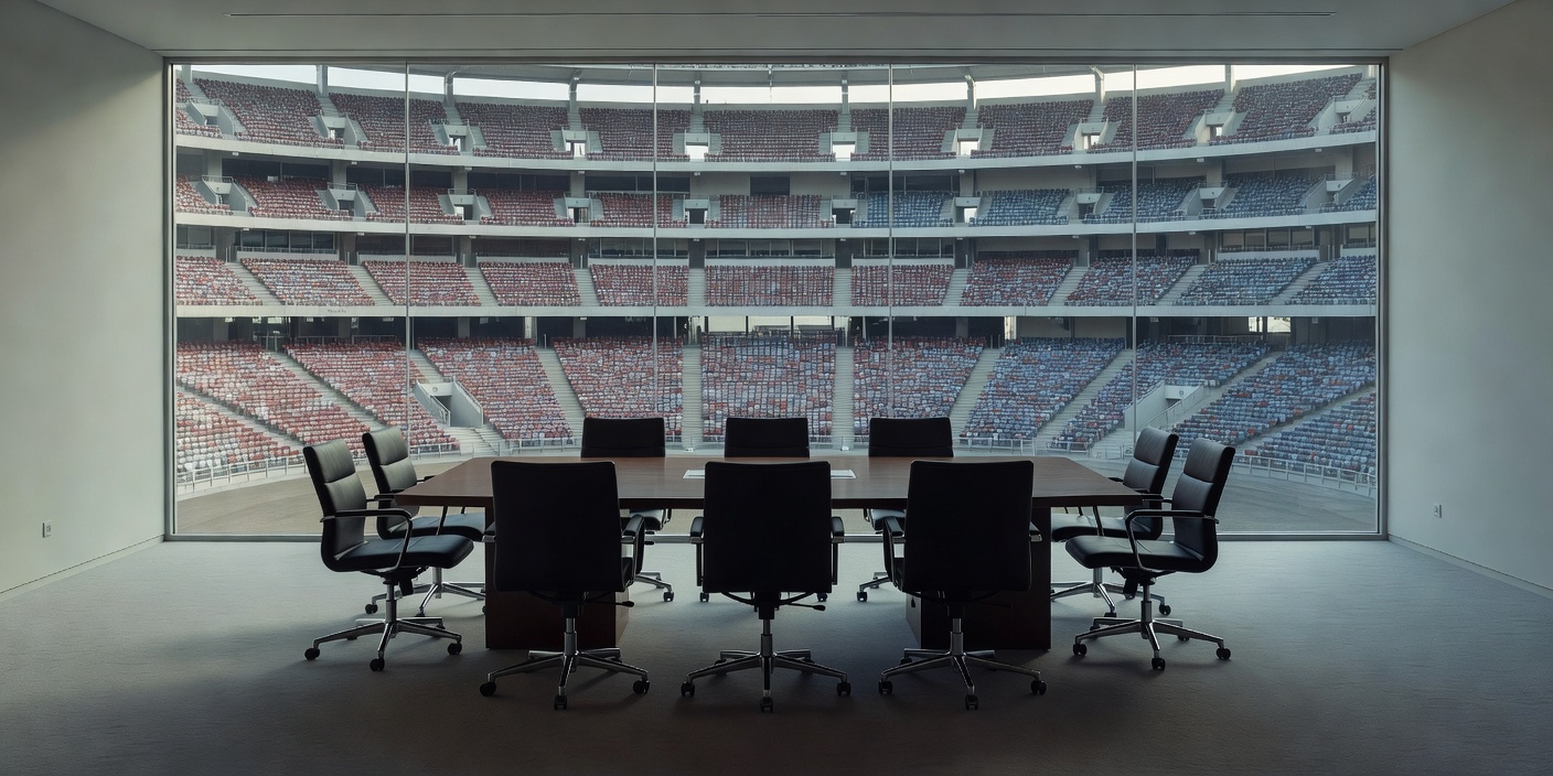 Empty meeting room overlooking unbranded stadium seating