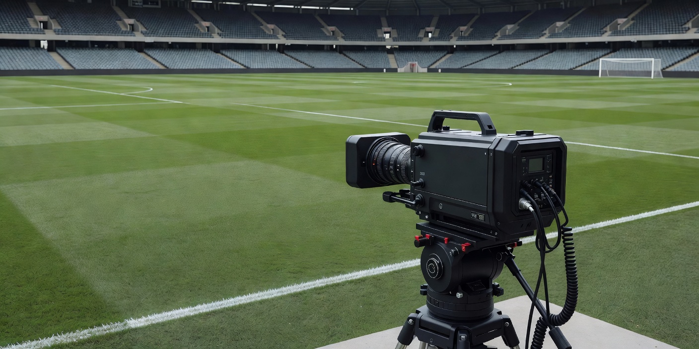 Unbranded television camera overlooking an empty sports pitch