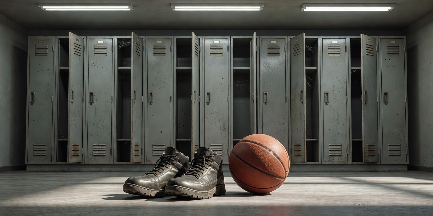 Unbranded sports boots and a basketball beside empty changing-room lockers