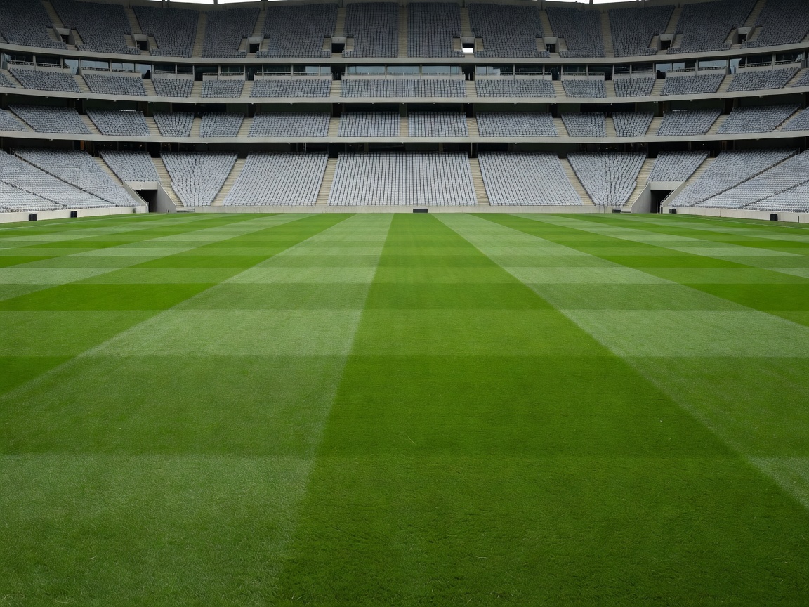 Empty sports stadium with a green pitch and tiers of unbranded seating